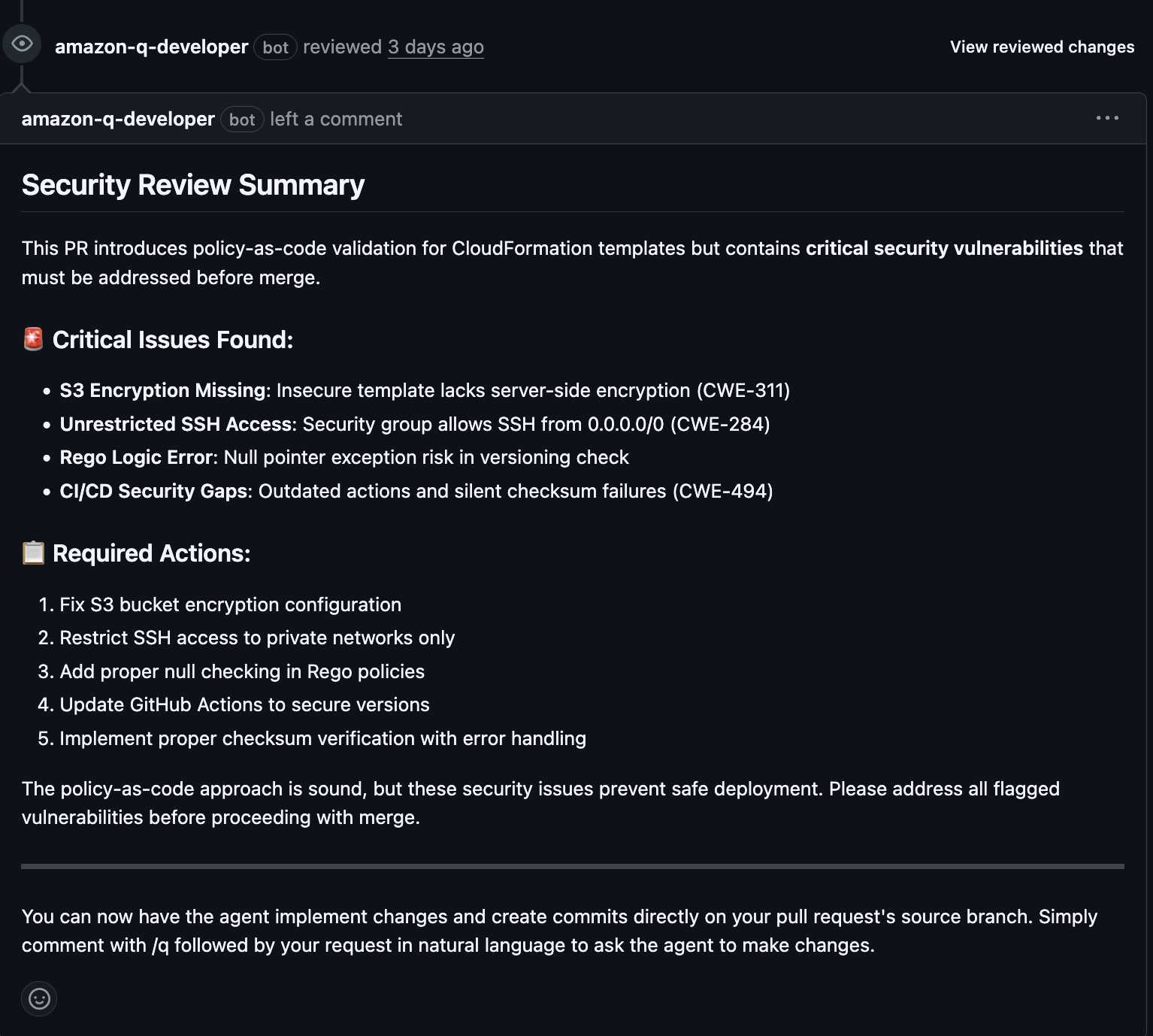 Amazon Q identifies the S3 bucket encryption violation